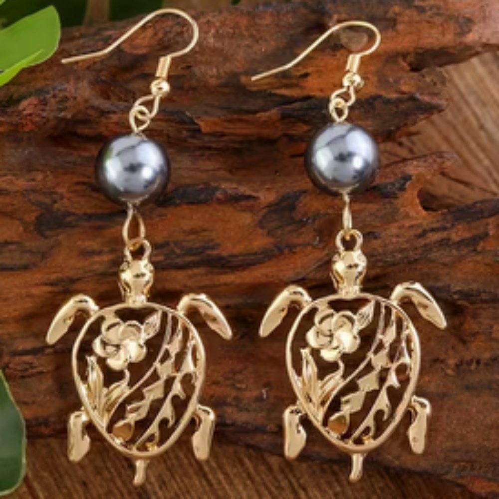 Hawaiian Style Gold-Plated Turtle Egg Flower Earrings